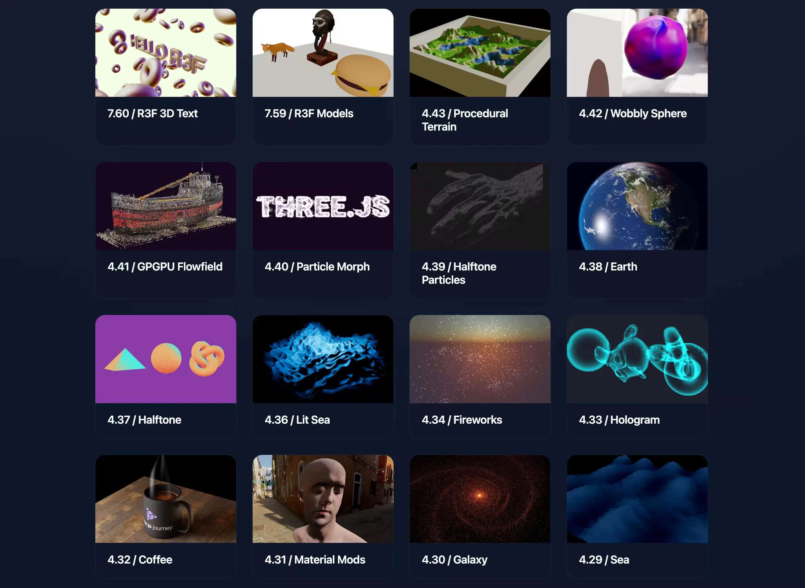 A sampling of lesson thumbnails from the Three.js Journey course