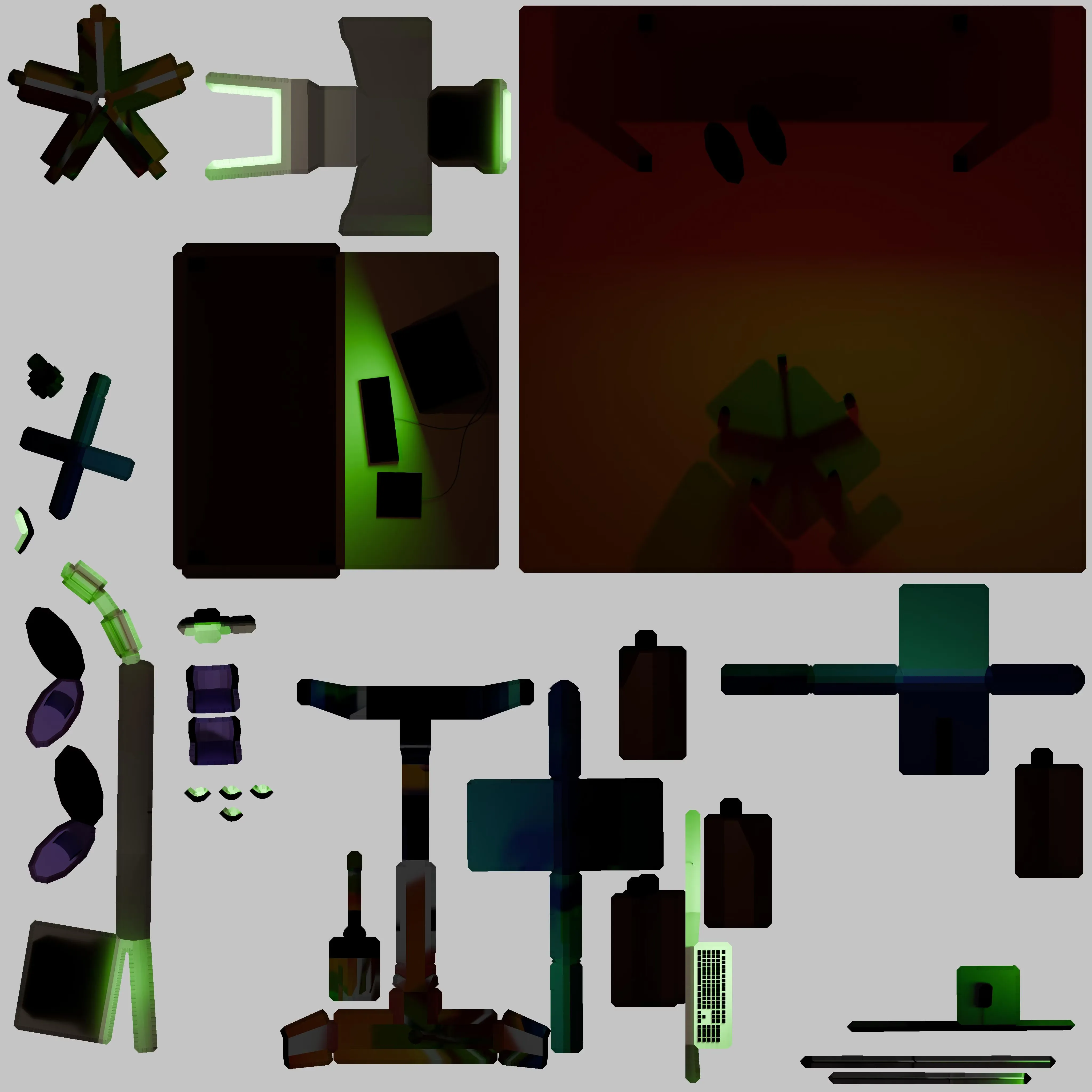 The baked texture with coloring of the above low-poly computer room scene